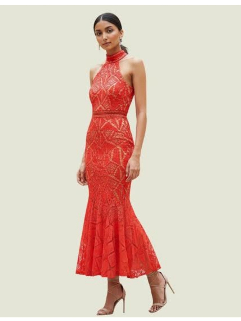 Jarlo High Neck Halter Midi Dress in RED Lace Sz 4